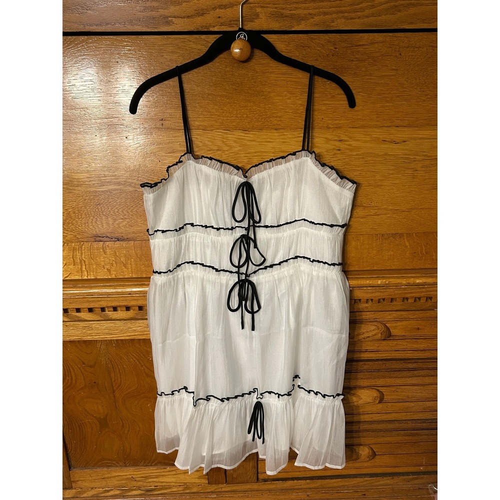 Cider White Coquette Babydoll Tiered Mini Dress Black Bow Trim Milkmaid Romantic
